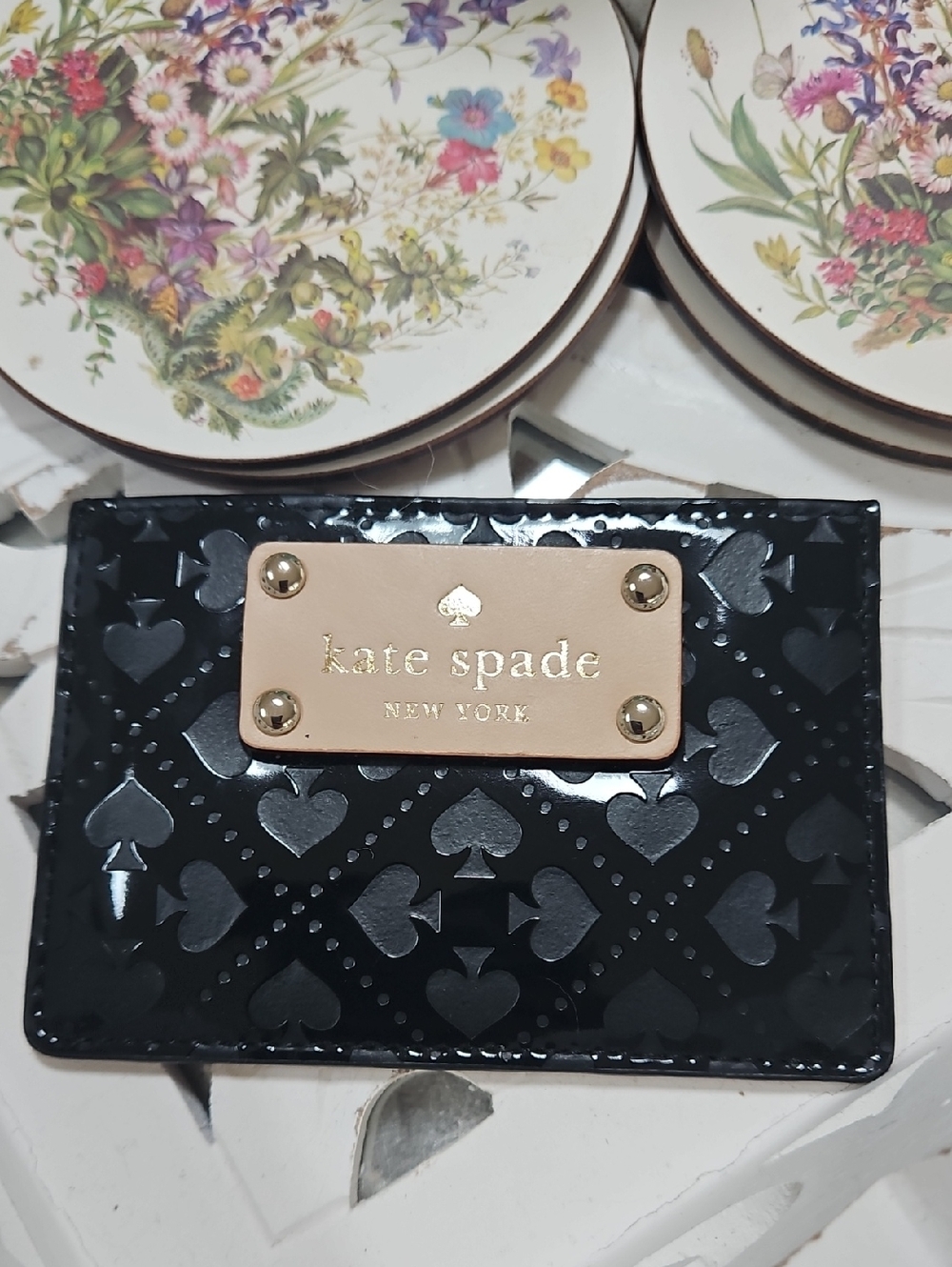 kate spade Black Patent Card Case with Gold Plaque